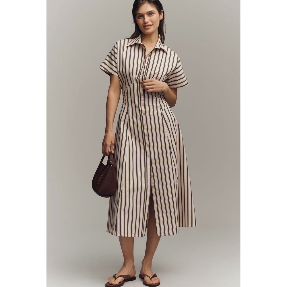 Anthropologie Exquise Raina‎ Short Sleeve Midi Dress Size XS Pink Brown  Stripe